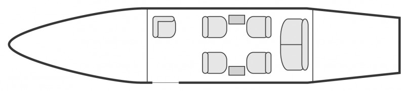 Plan d'aménagement intérieur de la cabine de Bombardier LearJet 35, court et moyen courrier, cabine de dimension standard, nombre max. de passagers : 7, avec équipage : 2 pilotes, destiné à la location pour des vols à la demande en avion taxi.