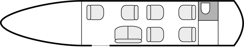 Plan d'aménagement intérieur de la cabine de Gulfstream 150, court et moyen courrier, cabine de dimensions moyennes, nombre max. de passagers : 8, avec équipage : 2 pilotes et 1 hôtesse, destiné à la location pour des vols à la demande en jet d'affaire.