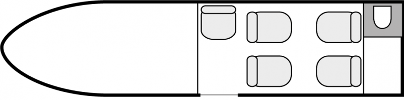 Plan d'aménagement intérieur de la cabine de HondaJet, court et moyen courrier, cabine de dimensions standard, nombre max. de passagers : 5, avec équipage : 2 pilotes, destiné à la location pour des vols à la demande en avion taxi.